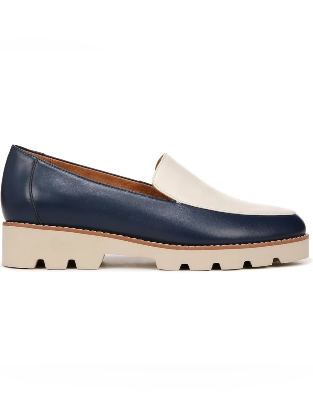 VIONIC KENSLEY NAPPA LEATHER LOAFERS IN NAVY CREAM 8 W WIDE - Picture 2 of 9